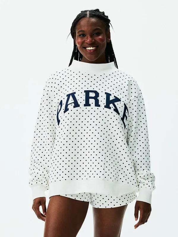 Parke Polka Dot Varsity Mockneck Sweatshirt Sweatshirt unisex detail view 4 | Dash Racegear — White Parke 2026 Polka Dot Varsity mockneck fleece sweatshirt crafted for cozy comfort and versatile casual fashion.