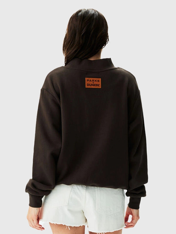 Parke x Dunkin’ Varsity Mockneck Brown Sweatshirt Sweatshirt unisex detail view 2 | Dash Racegear — Brown varsity mockneck sweatshirt crafted for effortless layering and everyday wear with signature Parke x Dunkin' style.