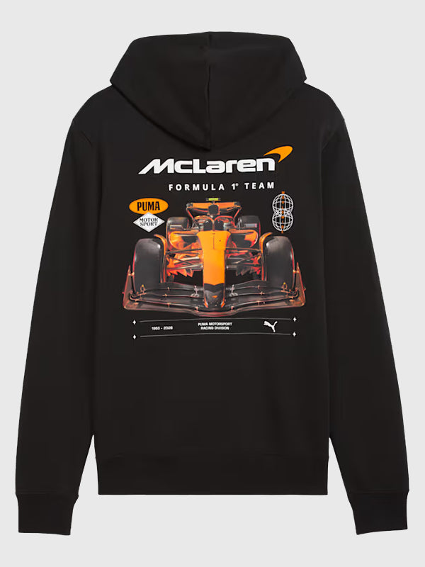 Puma x Mclaren Racing Graphic Hoodie Hoodie unisex detail view 8 | Dash Racegear — Sleek black Puma x McLaren Racing hoodie, bold graphic branding ideal for motorsport fans and casual styling.