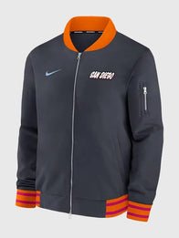 San Diego Padres 2026 City Connect Bomber Jacket Bomber Jacket unisex detail view 2 | Dash Racegear — Men’s Padres Nike 2026 City Connect jacket with relaxed fit, black-orange tones, perfect for stadium nights.