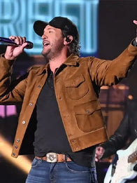 Luke Bryan 2026 Brown Suede Jacket Jacket unisex front product view | Dash Racegear — Luke Bryan brown suede leather jacket from Taylor Swift Night 2026, western stage style for live event appearance