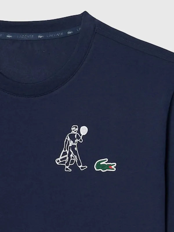 Lacoste Ultra Dry Printed Tennis T-Shirt Shirt unisex detail view 3 | Dash Racegear — Lacoste Ultra Dry 2026 navy blue tennis T-shirt, lightweight performance fabric, made for men and women sporty style.