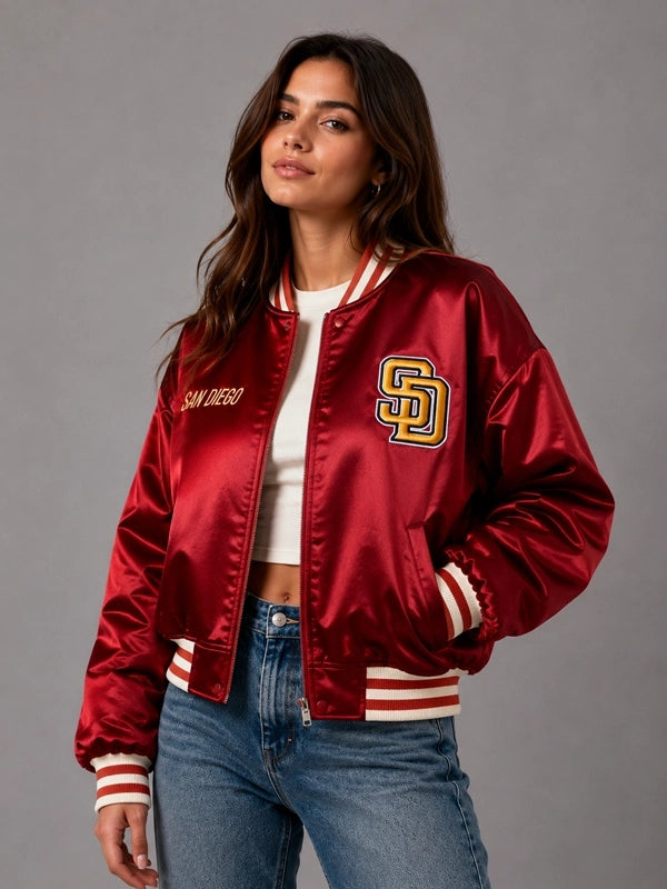 San Diego Padres x Petco Park Satin Jacket Jacket unisex detail view 4 | Dash Racegear — Red satin bomber jacket celebrating San Diego Padres and Petco Park with snap closure and classic baseball attitude