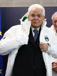 Sergio Mattarella 2026 Winter Olympics Team Italy Jacket Jacket unisex detail view 2 | Dash Racegear — Sergio Mattarella-inspired Winter Olympics 2026 white ski puffer with Team Italy logos and premium insulation.