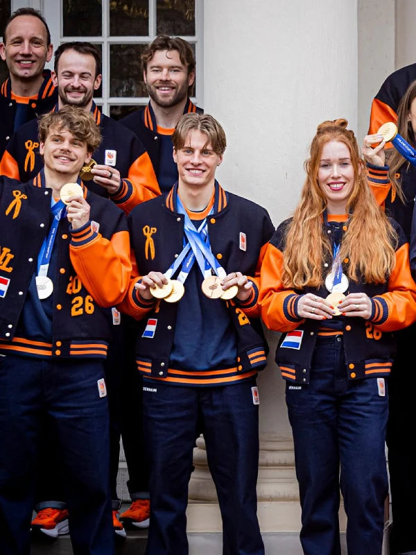 Denham TeamNL Varsity Jacket Varsity Jacket unisex detail view 8 | Dash Racegear — Denham Team Netherlands varsity jacket with crisp orange trim and emblem, great for fans on cool days.