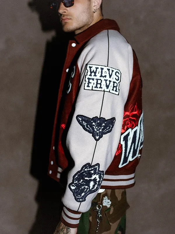 Mickey Mouse Wolves Club Rudy Maroon Letterman Jacket Jacket unisex detail view 4 | Dash Racegear — Maroon letterman varsity jacket combining cozy comfort with Mickey Mouse Wolves Club-inspired fashion and versatility.