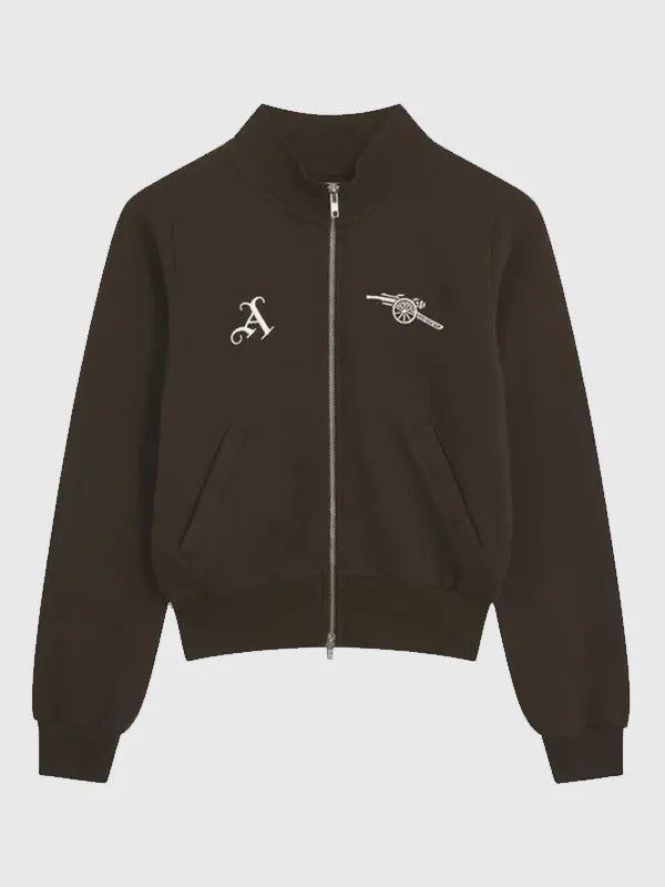 Arsenal AWFC Classics Russo Zip-Through Track Jacket Jacket unisex front product view | Dash Racegear — Women’s Arsenal AWFC Classics Russo 2026 brown zip-through track jacket, sleek fit for everyday sporty style.