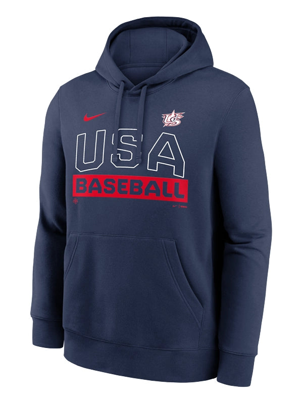 USA Baseball Nike 2026 World Baseball Classic Club Hoodie Hoodie unisex front product view | Dash Racegear — Navy 2026 WBC USA Nike Hoodie, hooded pullover with soft fleece and bold graphics for fan pride and style.