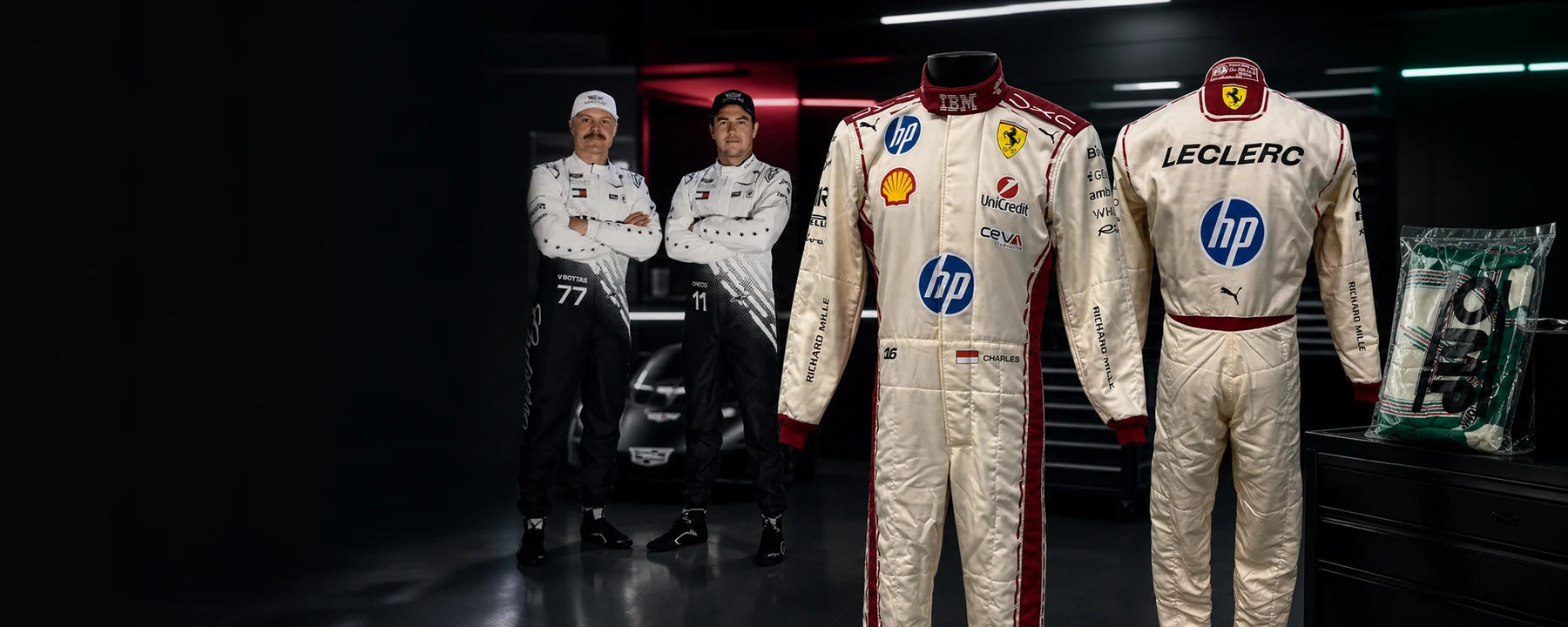 Featured 2026 replica racing suits displayed in a motorsport showroom – Dash Racegear