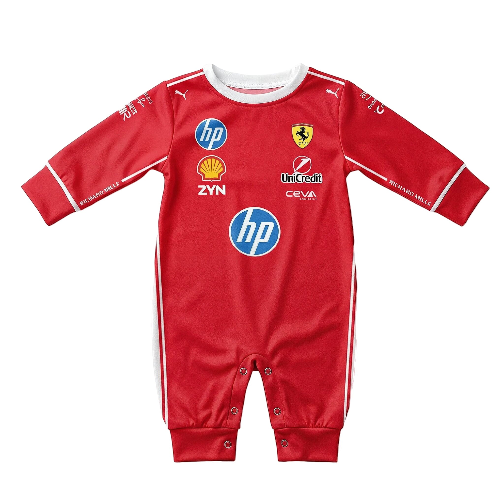 Ferrari Inspired Longsleeve Jumpsuit - New Season 2026 front view baby onesie by Dash Racegear