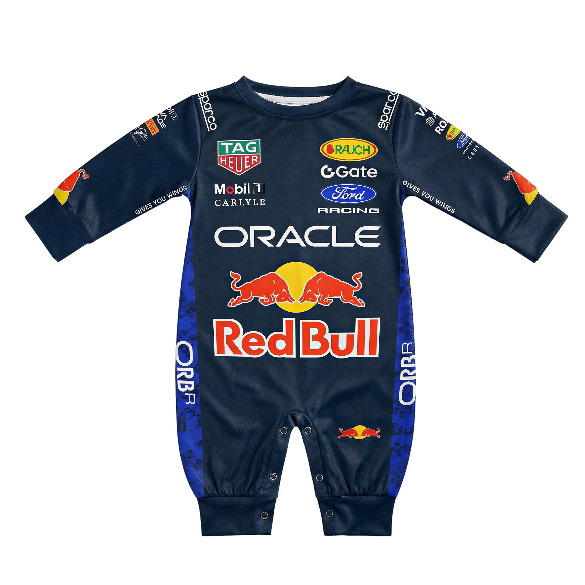 Red Bull Longsleeve Onesie Jumpsuit - 2026 New Season front view baby onesie by Dash Racegear