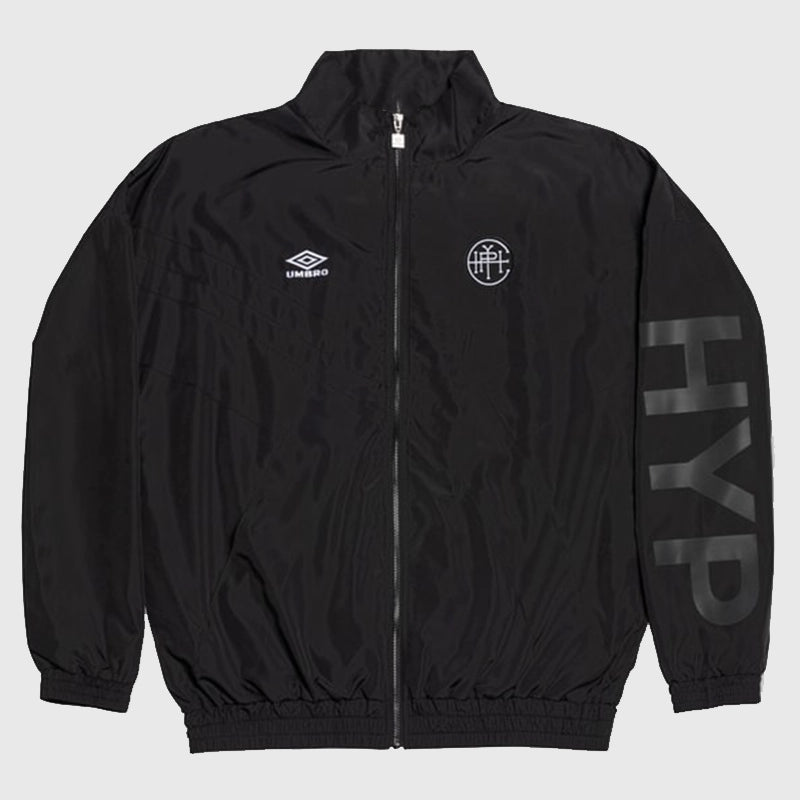 Hypebeast x Umbro 20th Anniversary Spellout Track Jacket Jacket unisex front product view | Dash Racegear — Anniversary edition Hypebeast x Umbro track jacket in sporty retro vibe
