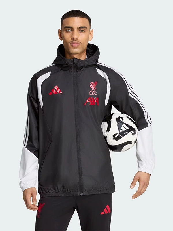 LFC Adidas 26/27 Tiro All Weather Jacket Jacket unisex detail view 2 | Dash Racegear — Unisex Liverpool FC 26/27 Tiro hooded jacket by Adidas with all-weather comfort and smooth athletic fit.