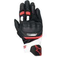 Alpinestars SP-5 Gloves, Motorcycle Racing Gloves, Black White and Red, featuring perforated leather knuckle protection, short cuff with white and red accents, Alpinestars logo branding, ergonomic sport riding design