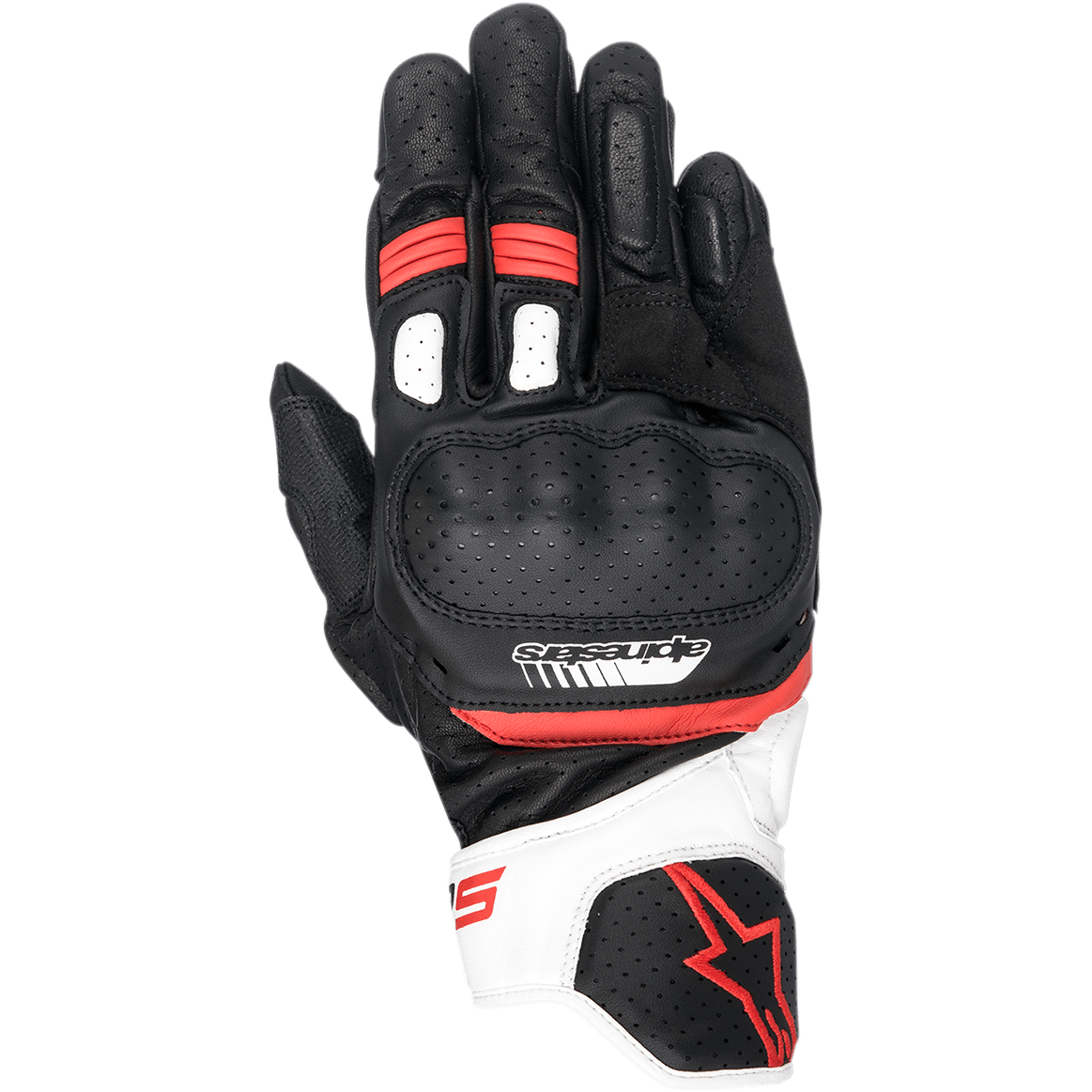 Alpinestars SP-5 Gloves, Motorcycle Racing Gloves, Black White and Red, featuring perforated leather knuckle protection, short cuff with white and red accents, Alpinestars logo branding, ergonomic sport riding design