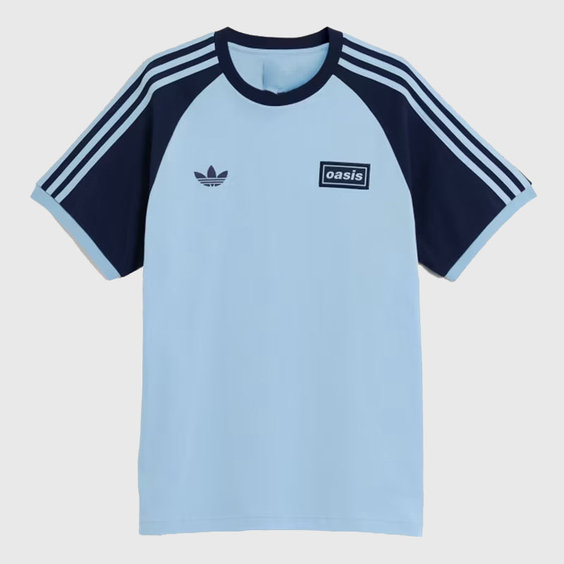 Adidas x Oasis Tour 3-Stripes Blue T-Shirt Shirt unisex front product view | Dash Racegear — Anthem-Worthy Style – Adidas x Oasis 3-Stripes T-Shirt