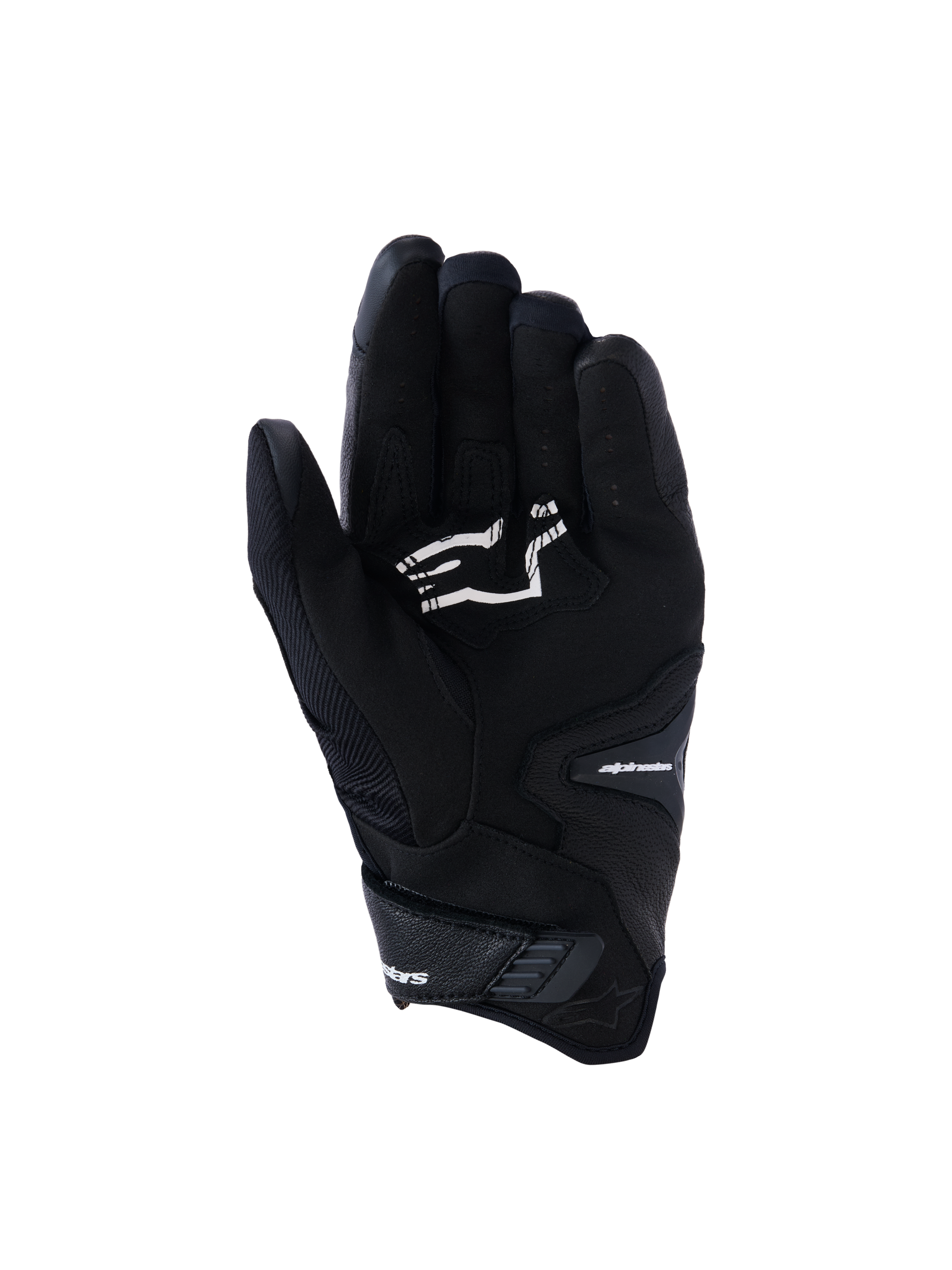 Alpinestars SP-R Pro Gloves, Black Short-cuff Motorcycle Gloves, palm view showing grip reinforcements and white Alpinestars logo, designed for sport riding.
