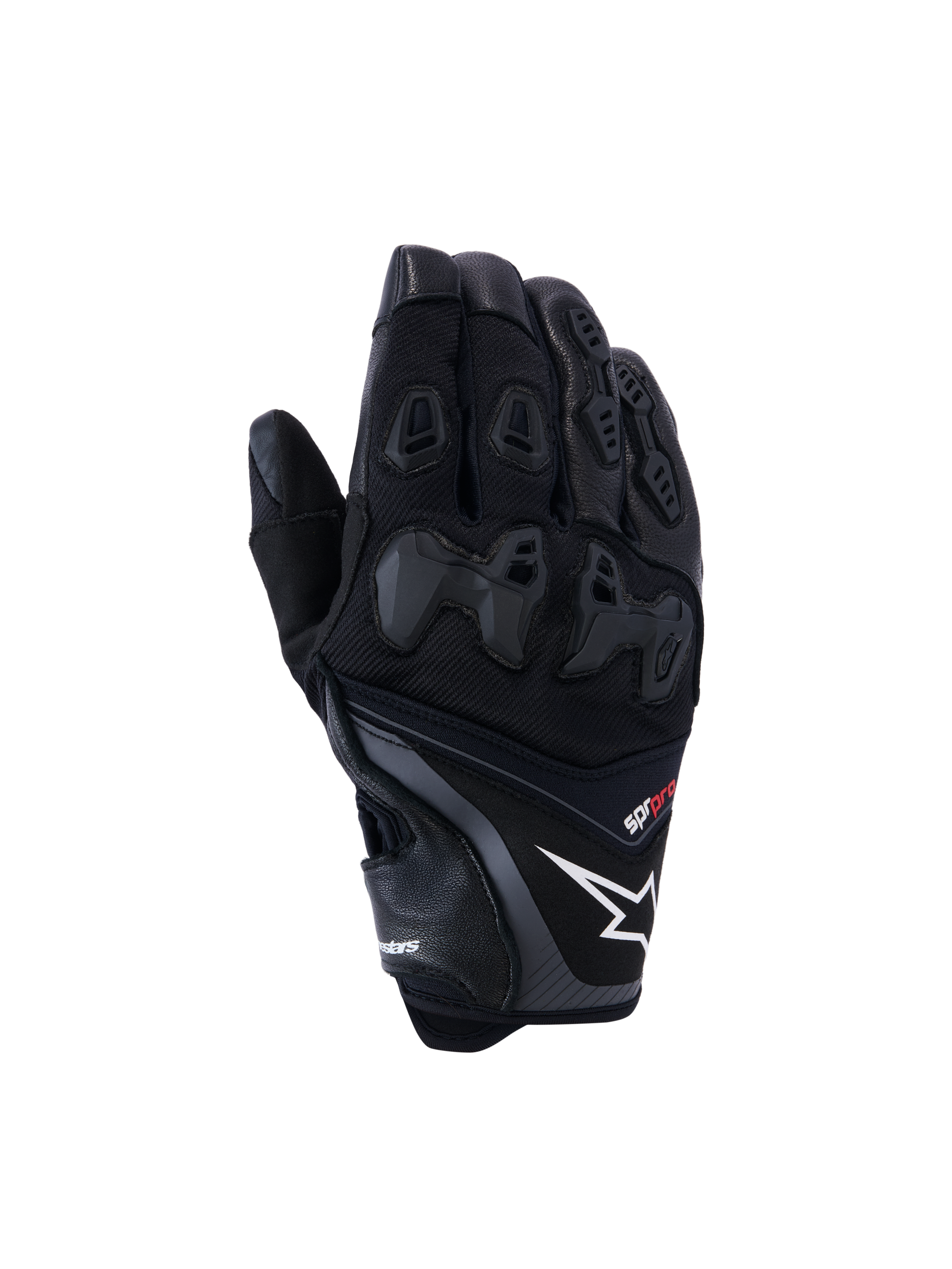 Alpinestars SP-R Pro Gloves, Black motorcycle racing gloves featuring a white star logo and red pro text, divided TPU knuckle protection and reinforced finger panels, premium leather and textile construction for sport riding