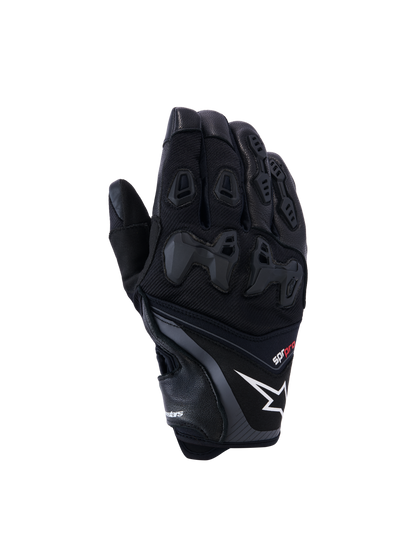Alpinestars SP-R Pro Gloves, Black motorcycle racing gloves featuring a white star logo and red pro text, divided TPU knuckle protection and reinforced finger panels, premium leather and textile construction for sport riding
