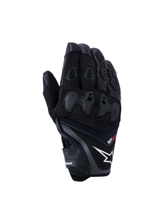 Alpinestars SP-R Pro Gloves, Black motorcycle racing gloves featuring a white star logo and red pro text, divided TPU knuckle protection and reinforced finger panels, premium leather and textile construction for sport riding