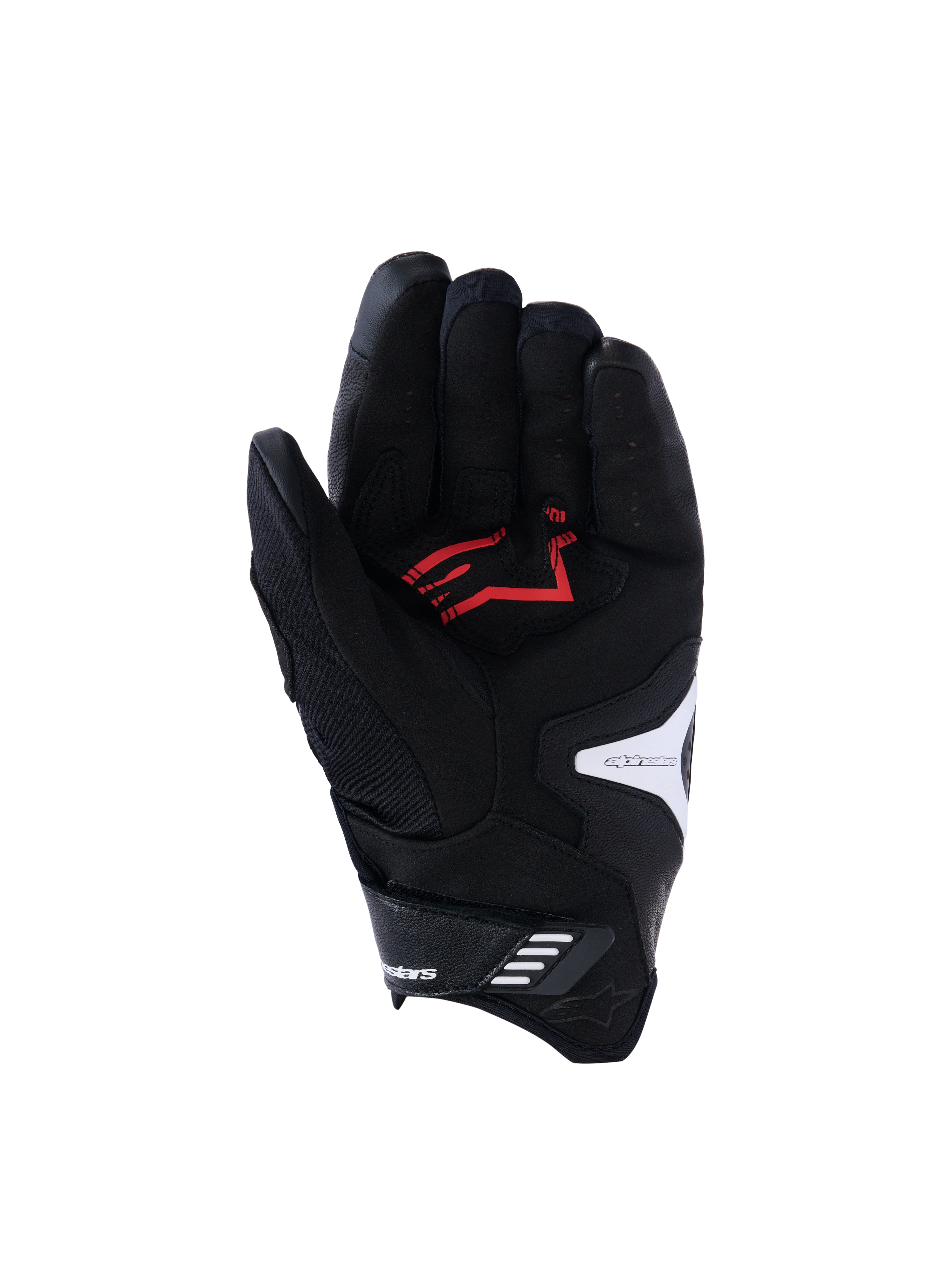 Alpinestars SP-R Pro Gloves, Palm View, Black White and Bright Red, featuring reinforced synthetic leather palm with red logo, perforated leather fingers, and white logo accents, designed for sport motorcycle riding