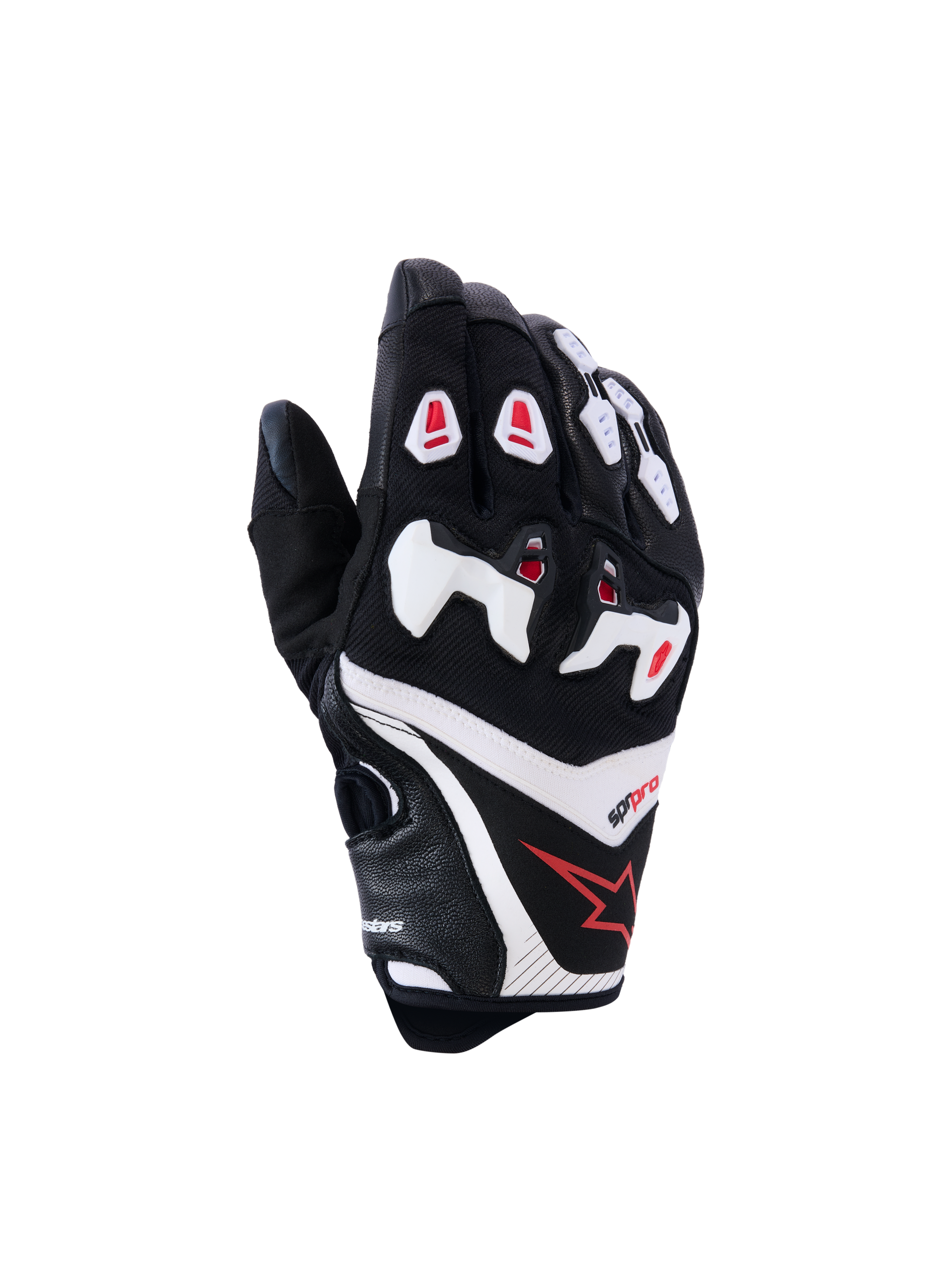 Alpinestars SP-R Pro Gloves, Motorcycle Racing Gloves, Black with White and Red Accents, Backhand View featuring Divided TPU Knuckle Protection, Textured Leather and Mesh Construction, Red Star Logo on the wrist