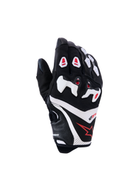 Alpinestars SP-R Pro Gloves, Motorcycle Racing Gloves, Black with White and Red Accents, Backhand View featuring Divided TPU Knuckle Protection, Textured Leather and Mesh Construction, Red Star Logo on the wrist