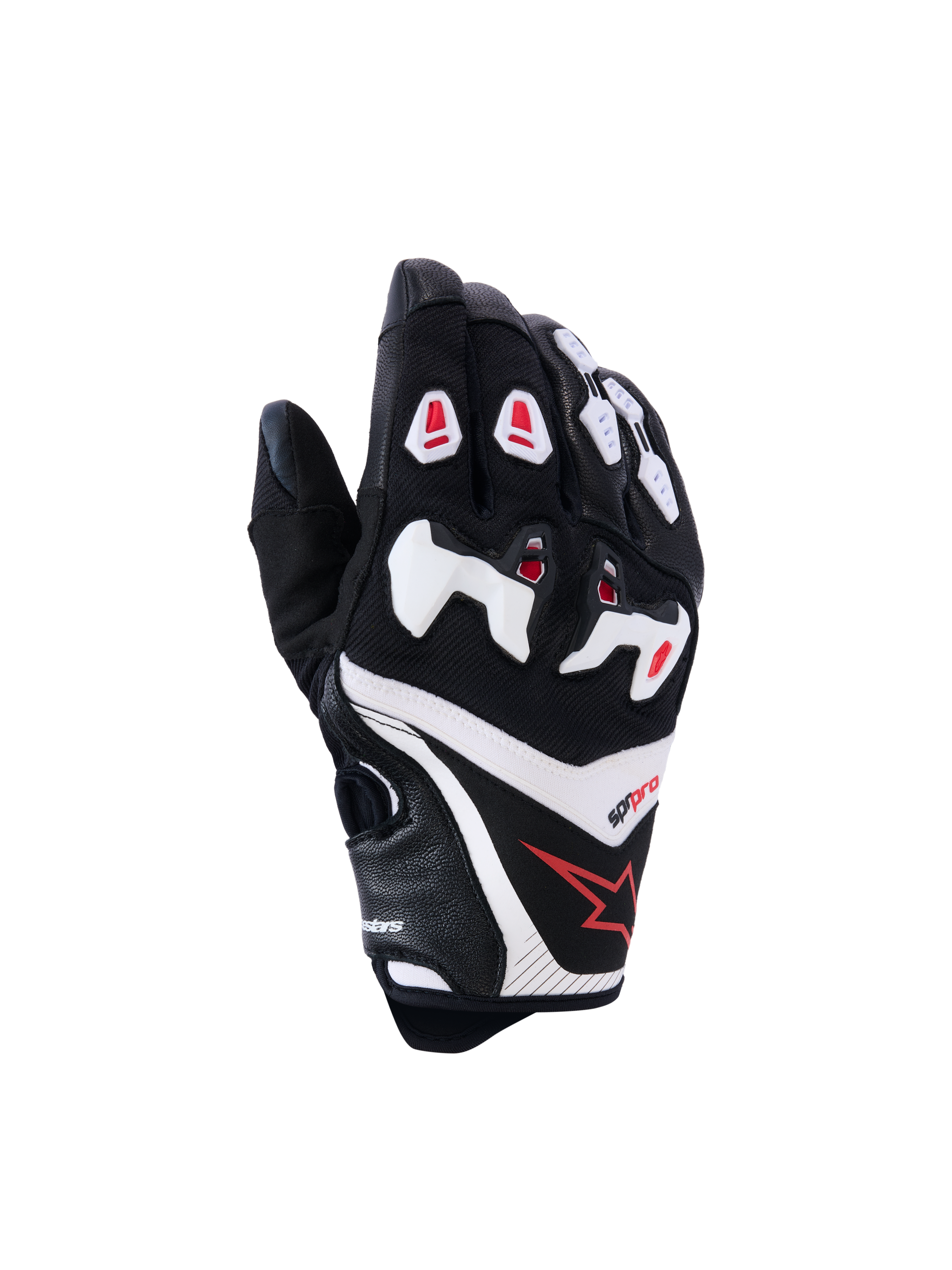Alpinestars SP-R Pro Gloves, Motorcycle Racing Gloves, Black with White and Red Accents, Backhand View featuring Divided TPU Knuckle Protection, Textured Leather and Mesh Construction, Red Star Logo on the wrist