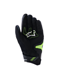 Alpinestars SP-R Pro Gloves, Black and Yellow Fluo, palm view featuring reinforced synthetic leather grip zones, white logo with neon yellow stitching, and secure wrist closure, engineered for sport motorcycle performance