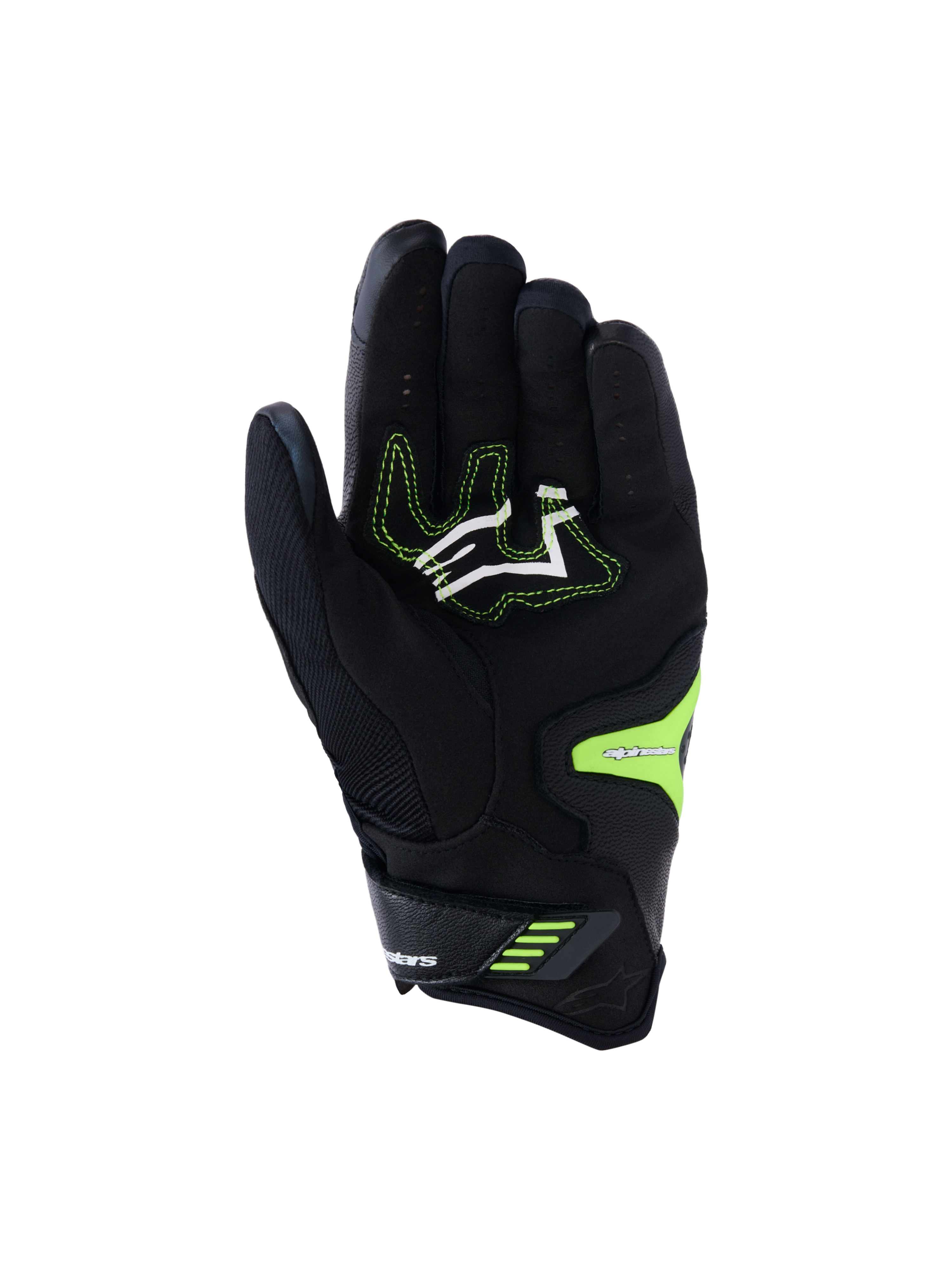 Alpinestars SP-R Pro Gloves, Black and Yellow Fluo, palm view featuring reinforced synthetic leather grip zones, white logo with neon yellow stitching, and secure wrist closure, engineered for sport motorcycle performance