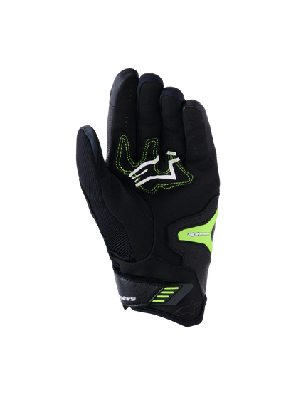 Alpinestars SP-R Pro Gloves, Black and Yellow Fluo, palm view featuring reinforced synthetic leather grip zones, white logo with neon yellow stitching, and secure wrist closure, engineered for sport motorcycle performance