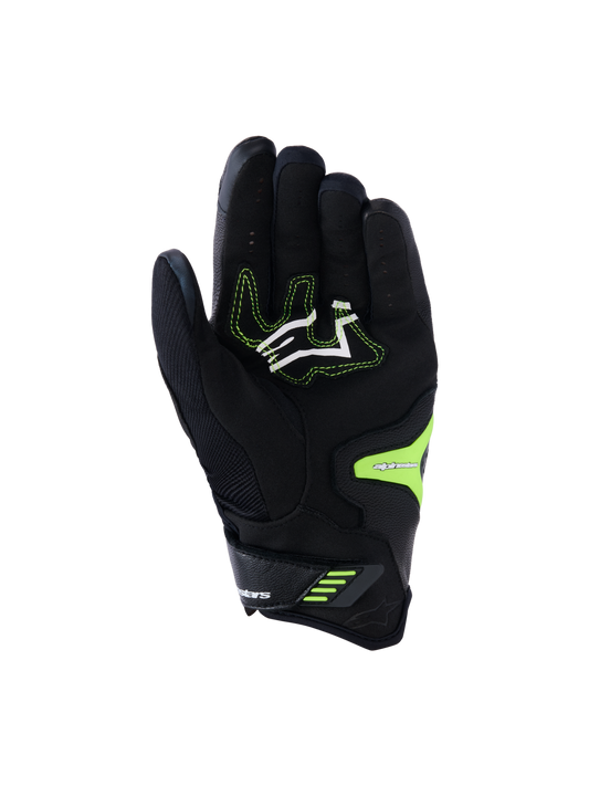 Alpinestars SP-R Pro Gloves, Black and Yellow Fluo, palm view featuring reinforced synthetic leather grip zones, white logo with neon yellow stitching, and secure wrist closure, engineered for sport motorcycle performance