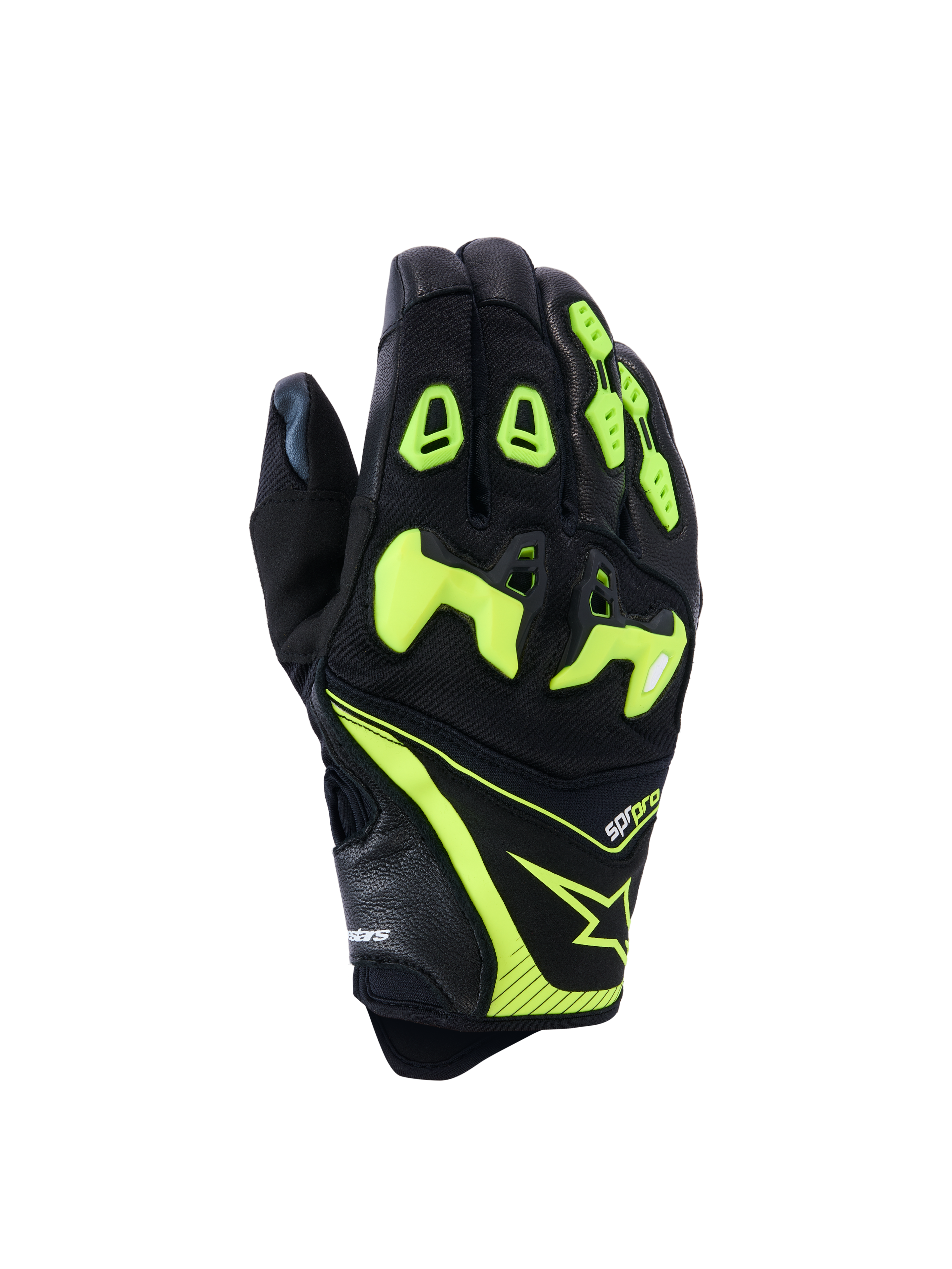 Alpinestars SP-R Pro Gloves, Motorcycle Racing Gloves, Black and Yellow Fluo, featuring divided TPU knuckle protection, perforated leather and textile construction, bright neon accents with Alpinestars logo and sp-r pro branding on the cuff