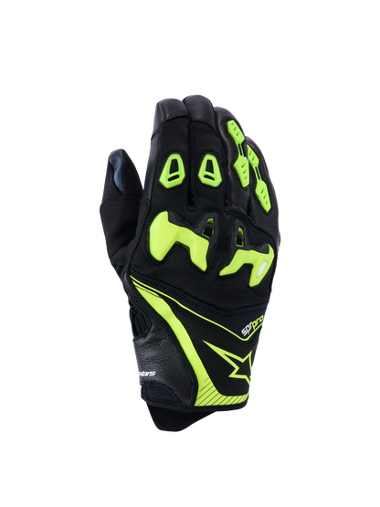 Alpinestars SP-R Pro Gloves, Motorcycle Racing Gloves, Black and Yellow Fluo, featuring divided TPU knuckle protection, perforated leather and textile construction, bright neon accents with Alpinestars logo and sp-r pro branding on the cuff