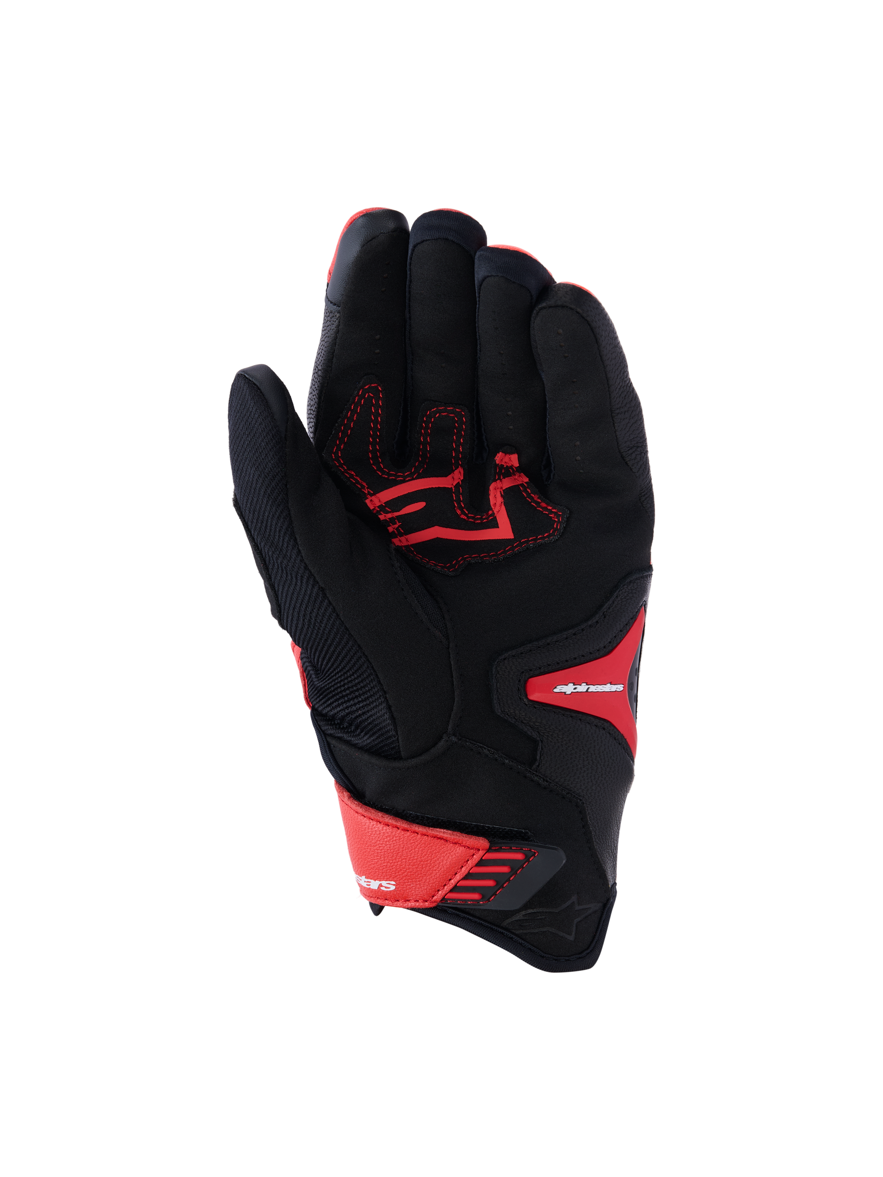 Alpinestars SP-R Pro Gloves, Sport Motorcycle Gloves, Bright Red, Red Fluo and Black, palm view showing reinforced leather palm with red contrast stitching, textile chassis, and adjustable wrist closure.