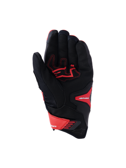 Alpinestars SP-R Pro Gloves, Sport Motorcycle Gloves, Bright Red, Red Fluo and Black, palm view showing reinforced leather palm with red contrast stitching, textile chassis, and adjustable wrist closure.