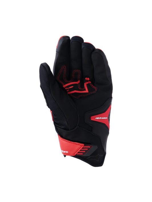 Alpinestars SP-R Pro Gloves, Sport Motorcycle Gloves, Bright Red, Red Fluo and Black, palm view showing reinforced leather palm with red contrast stitching, textile chassis, and adjustable wrist closure.