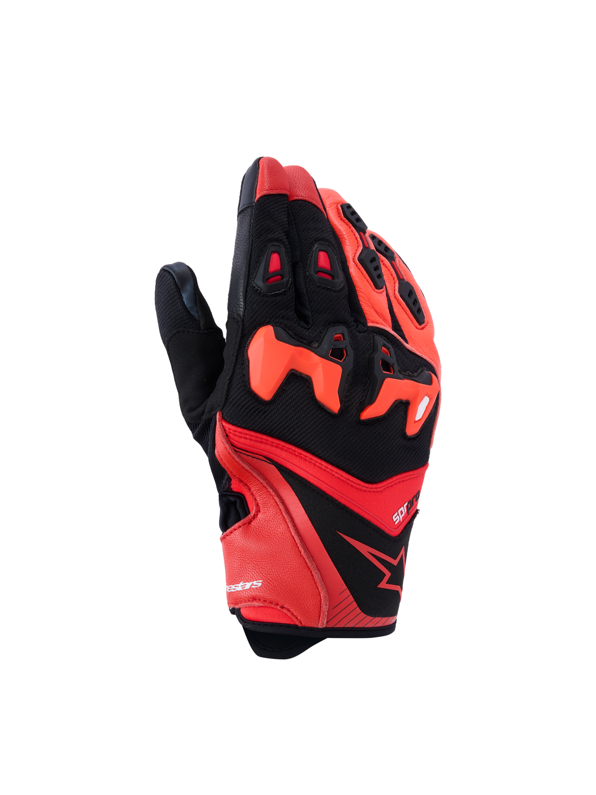 Alpinestars SP-R Pro Gloves, Motorcycle Sport Gloves, Bright Red, Red Fluo, and Black, featuring divided TPU knuckle protection, perforated leather fingers for ventilation, and a sleek goat leather and textile design with the Alpinestars star logo.