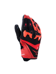 Alpinestars SP-R Pro Gloves, Motorcycle Sport Gloves, Bright Red, Red Fluo, and Black, featuring divided TPU knuckle protection, perforated leather fingers for ventilation, and a sleek goat leather and textile design with the Alpinestars star logo.