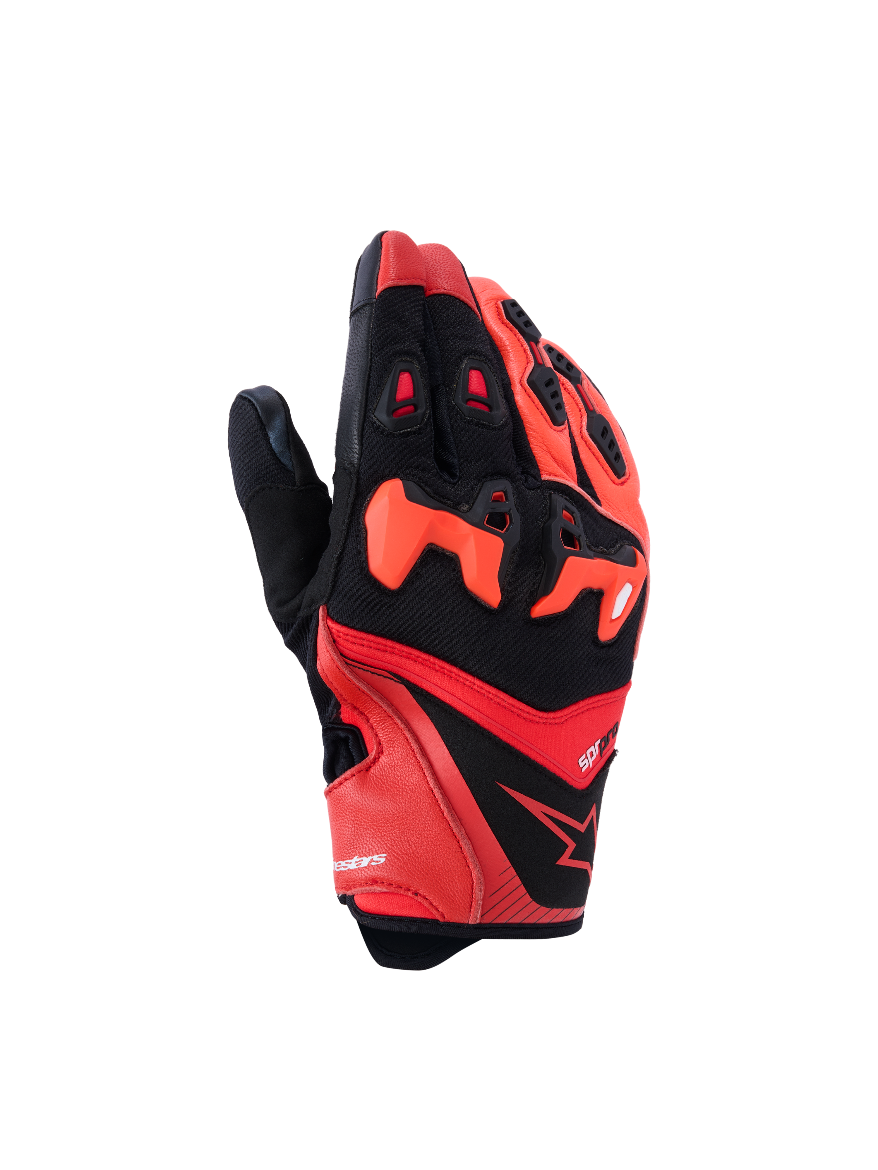 Alpinestars SP-R Pro Gloves, Motorcycle Sport Gloves, Bright Red, Red Fluo, and Black, featuring divided TPU knuckle protection, perforated leather fingers for ventilation, and a sleek goat leather and textile design with the Alpinestars star logo.