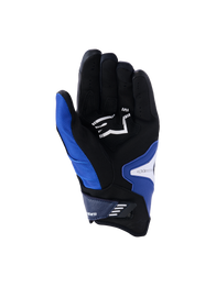 Alpinestars SP-R Pro Gloves, palm view, Bright Blue Navy and White, featuring a black synthetic leather palm with a white Alpinestars logo, short cuff design with a velcro closure strap, and reinforced grip sections.