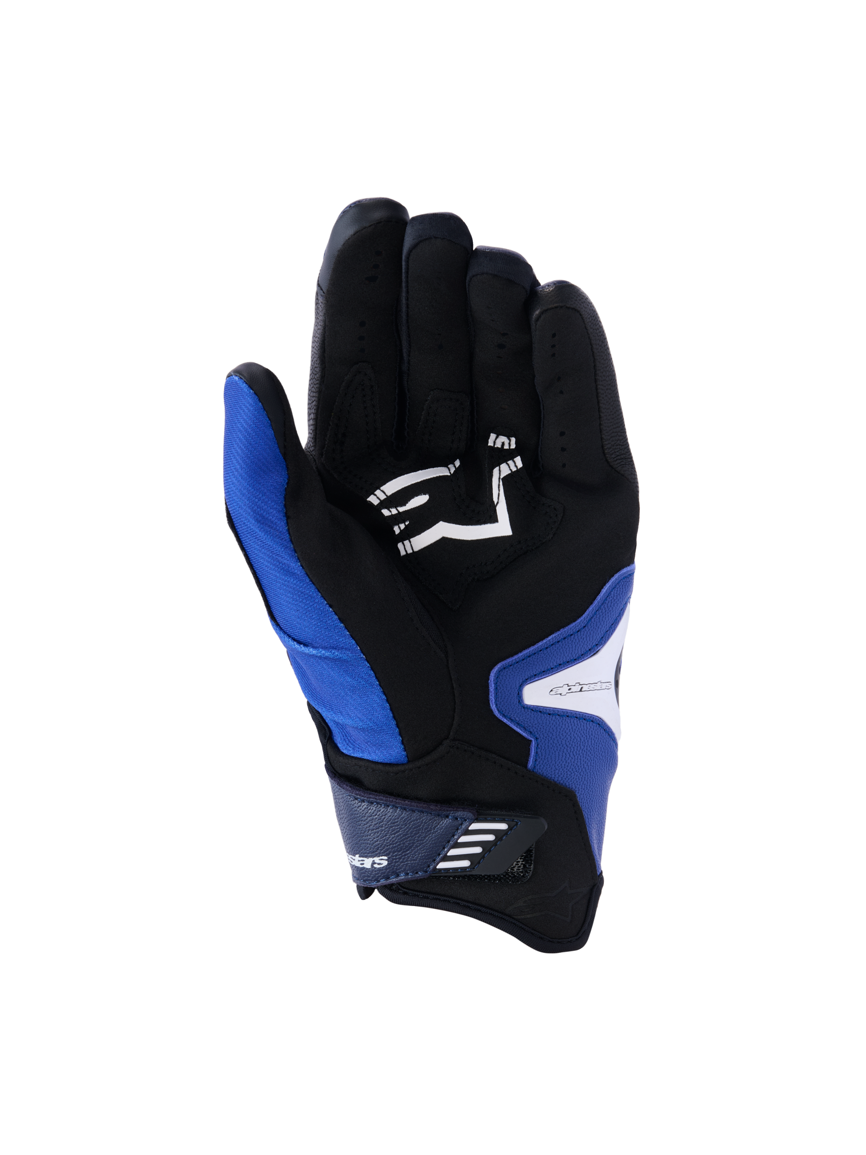 Alpinestars SP-R Pro Gloves, palm view, Bright Blue Navy and White, featuring a black synthetic leather palm with a white Alpinestars logo, short cuff design with a velcro closure strap, and reinforced grip sections.