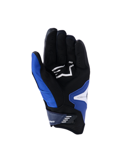 Alpinestars SP-R Pro Gloves, palm view, Bright Blue Navy and White, featuring a black synthetic leather palm with a white Alpinestars logo, short cuff design with a velcro closure strap, and reinforced grip sections.