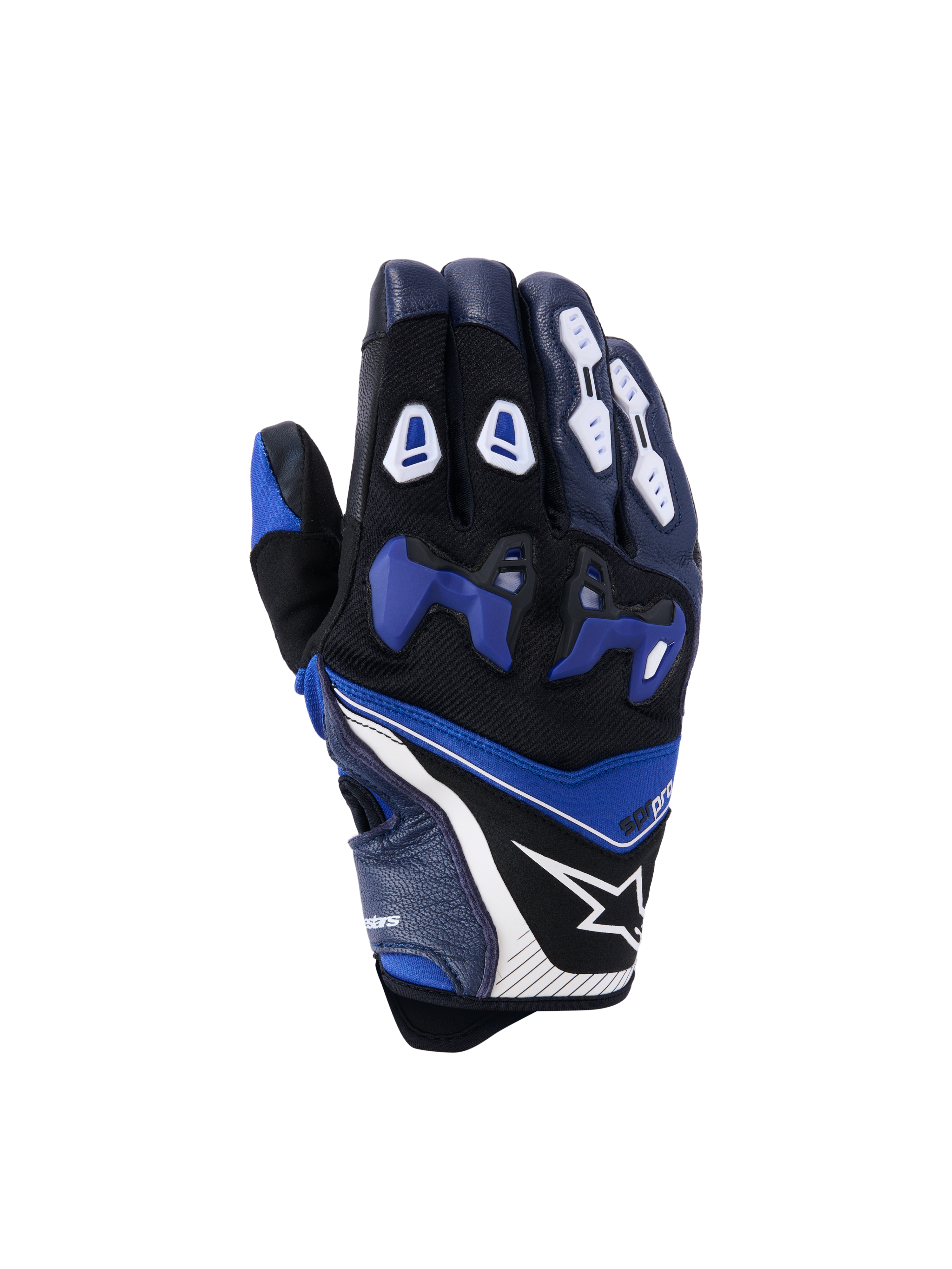 Alpinestars SP-R Pro Gloves, Motorcycle Racing Gloves, Bright Blue Navy and White, backhand view with blue divided TPU knuckle protector, white finger guards, Alpinestars star logo, and short cuff design