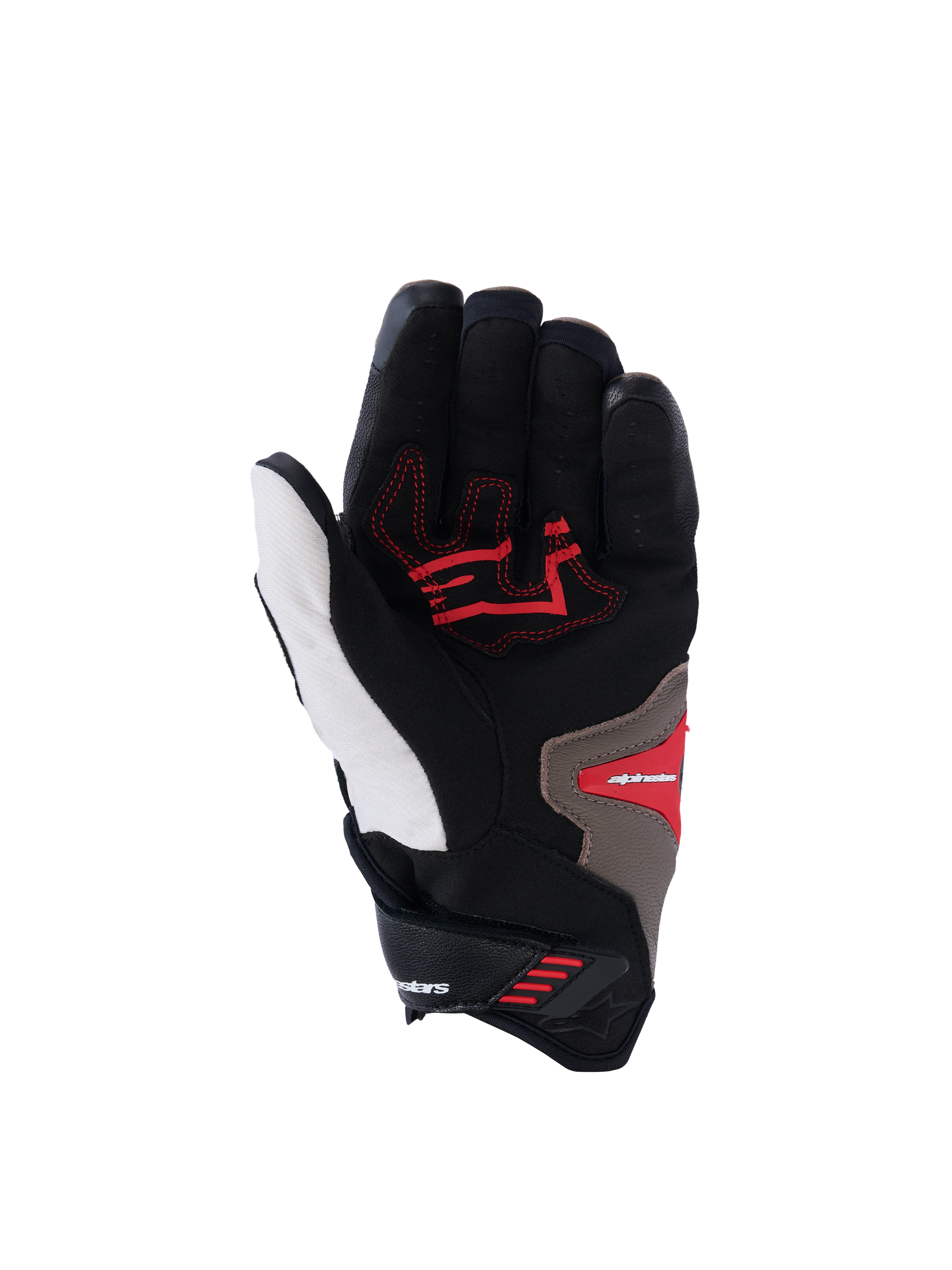 Alpinestars SP-R Pro Gloves, Palm View, Walnut Mastic Black colorway, featuring red grip inserts on a black and white base with tan accents, short cuff sport motorcycle gloves with reinforced palm and ergonomic design.