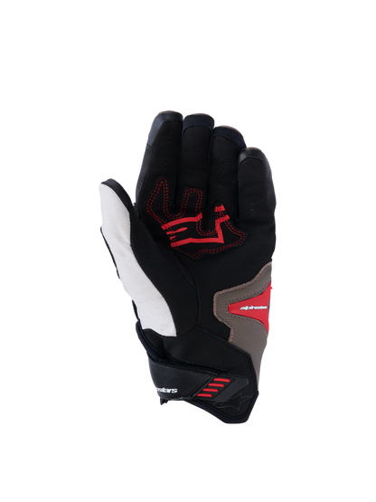 Alpinestars SP-R Pro Gloves, Palm View, Walnut Mastic Black colorway, featuring red grip inserts on a black and white base with tan accents, short cuff sport motorcycle gloves with reinforced palm and ergonomic design.