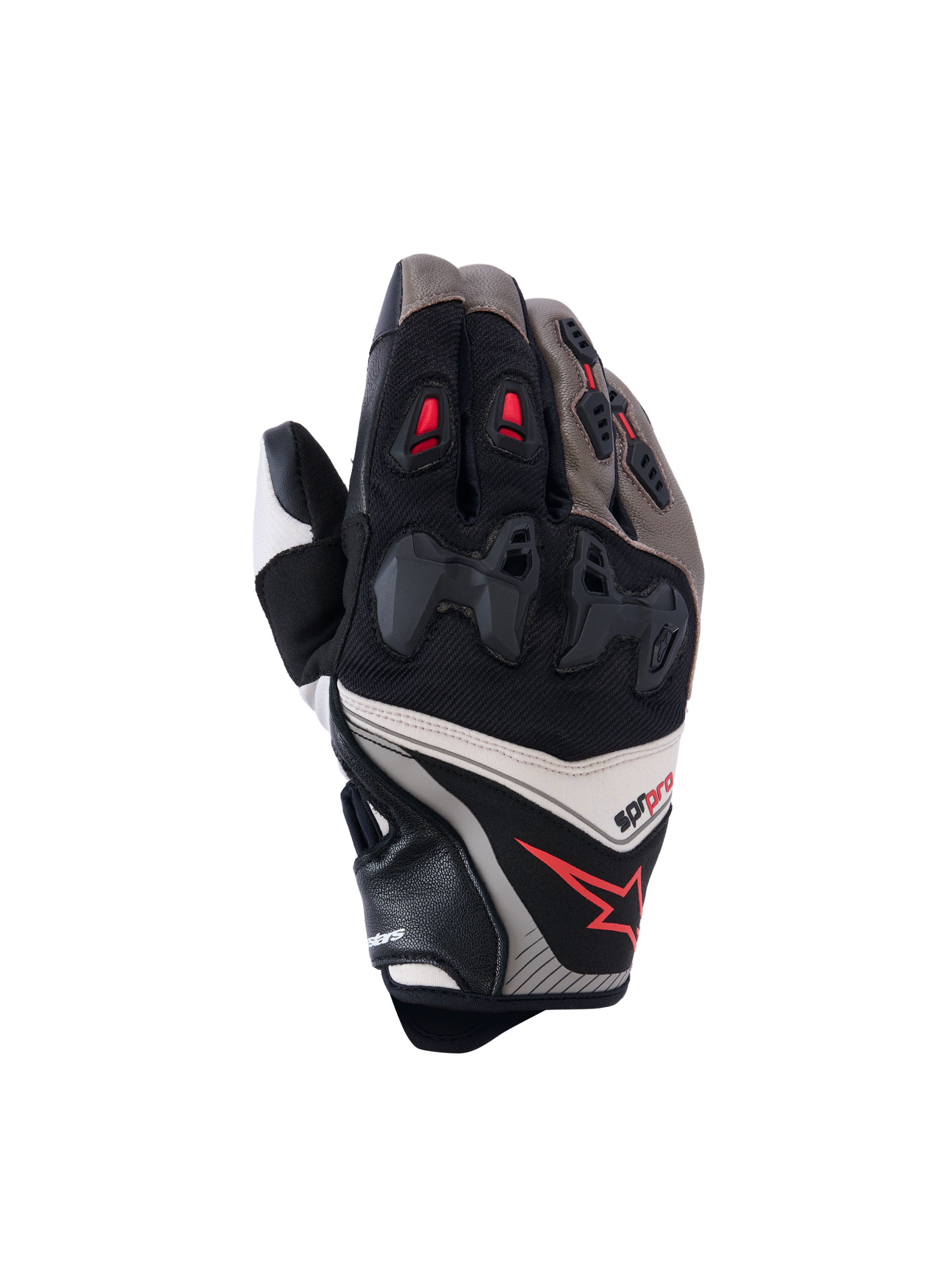 Alpinestars SP-R Pro Gloves, Motorcycle Racing Gloves, Walnut, Mastic, and Black with Red Accents, featuring divided hard knuckle protection, leather and textile construction, performance sport design