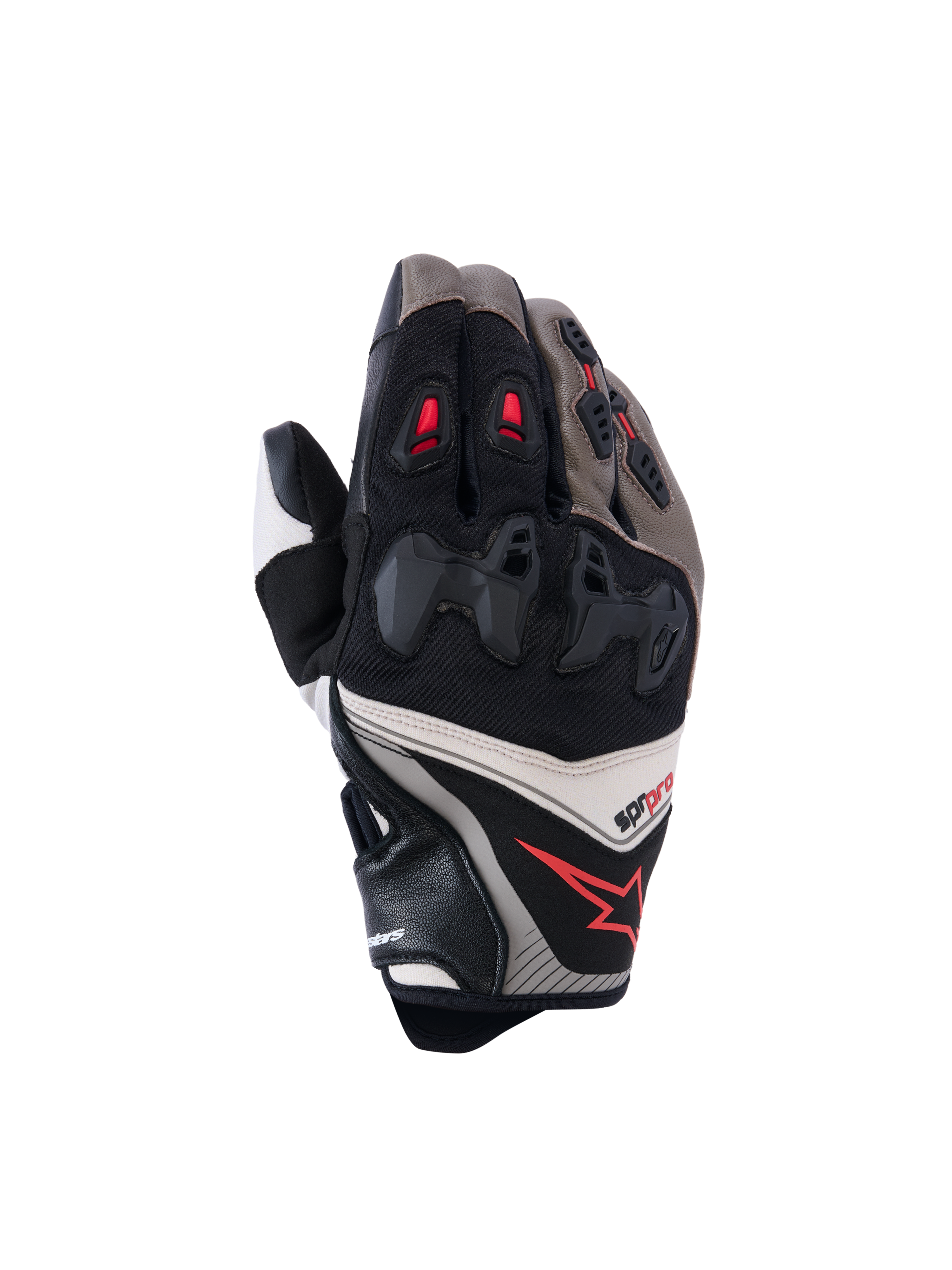 Alpinestars SP-R Pro Gloves, Motorcycle Racing Gloves, Walnut, Mastic, and Black with Red Accents, featuring divided hard knuckle protection, leather and textile construction, performance sport design