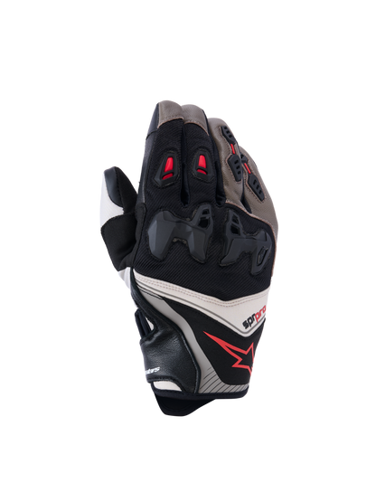 Alpinestars SP-R Pro Gloves, Motorcycle Racing Gloves, Walnut, Mastic, and Black with Red Accents, featuring divided hard knuckle protection, leather and textile construction, performance sport design