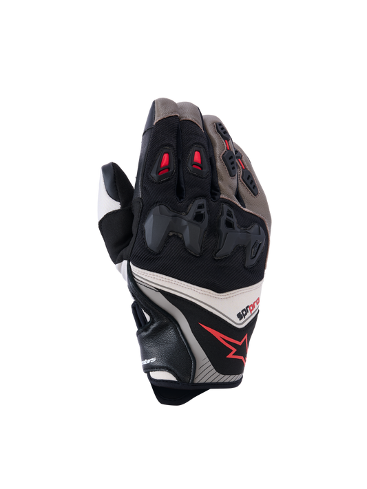 Alpinestars SP-R Pro Gloves, Motorcycle Racing Gloves, Walnut, Mastic, and Black with Red Accents, featuring divided hard knuckle protection, leather and textile construction, performance sport design